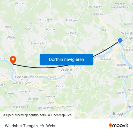 Waldshut-Tiengen to Wehr map