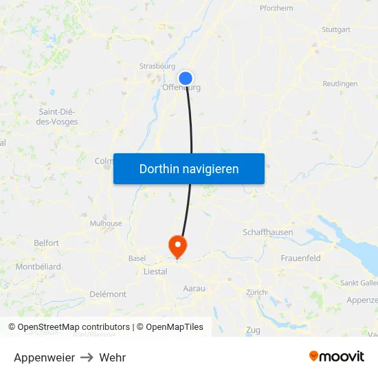 Appenweier to Wehr map
