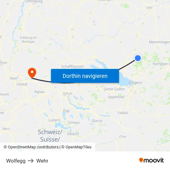 Wolfegg to Wehr map