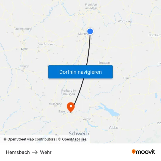 Hemsbach to Wehr map