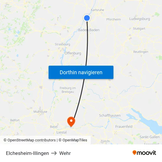 Elchesheim-Illingen to Wehr map