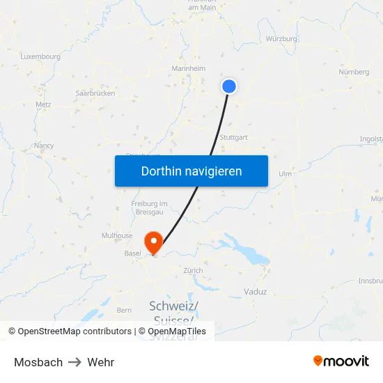 Mosbach to Wehr map