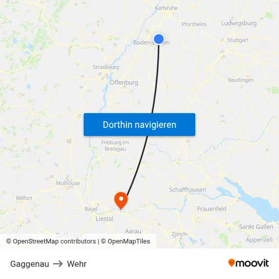 Gaggenau to Wehr map