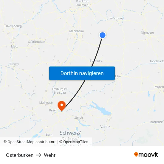 Osterburken to Wehr map