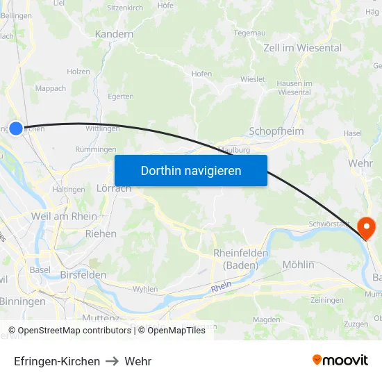 Efringen-Kirchen to Wehr map