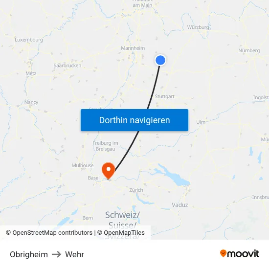 Obrigheim to Wehr map