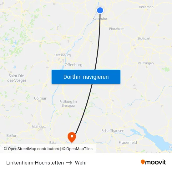 Linkenheim-Hochstetten to Wehr map