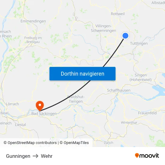 Gunningen to Wehr map