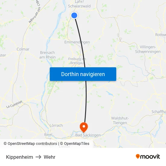 Kippenheim to Wehr map