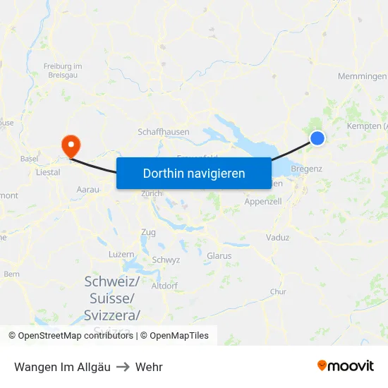 Wangen Im Allgäu to Wehr map
