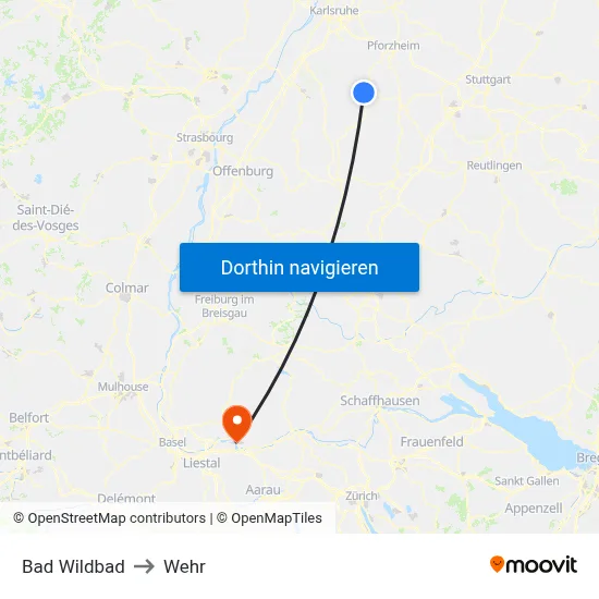 Bad Wildbad to Wehr map