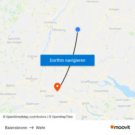 Baiersbronn to Wehr map