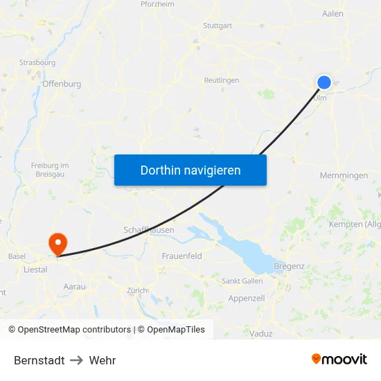 Bernstadt to Wehr map