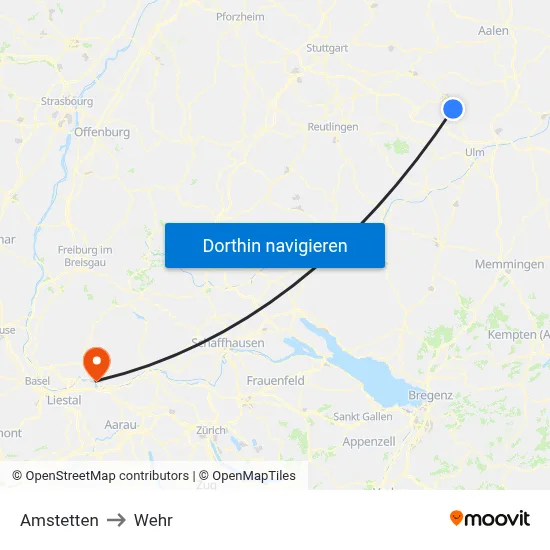 Amstetten to Wehr map