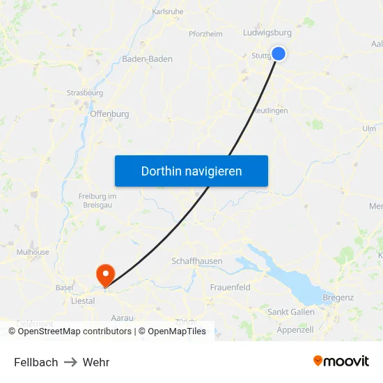 Fellbach to Wehr map