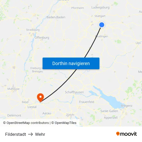Filderstadt to Wehr map