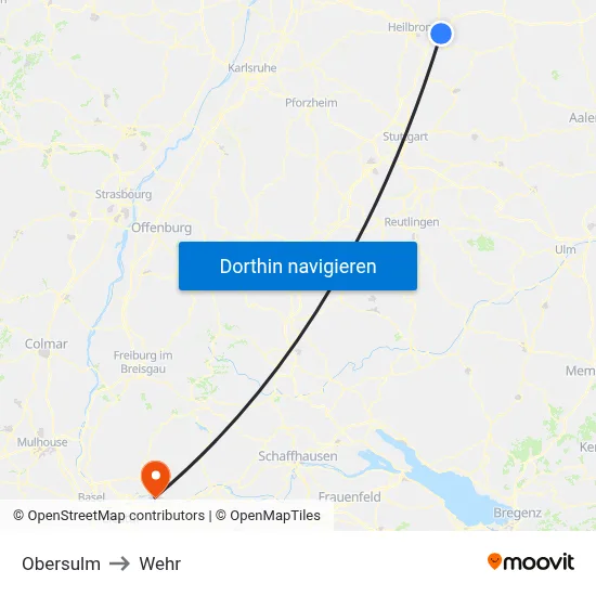 Obersulm to Wehr map