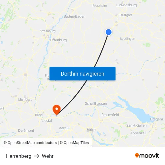 Herrenberg to Wehr map