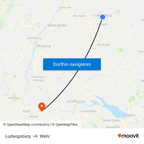 Ludwigsburg to Wehr map