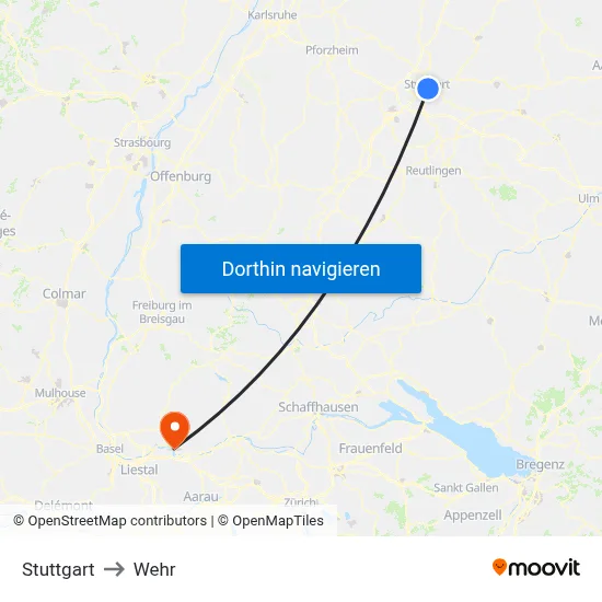 Stuttgart to Wehr map