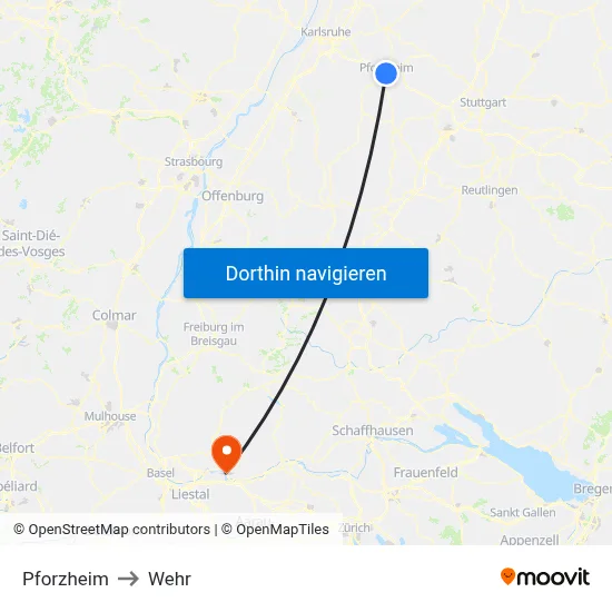 Pforzheim to Wehr map