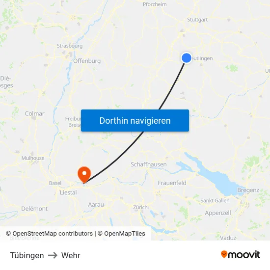 Tübingen to Wehr map