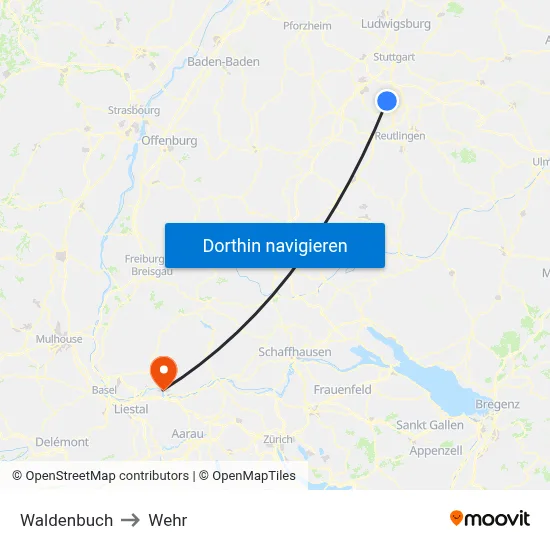 Waldenbuch to Wehr map