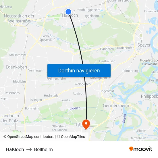 Haßloch to Bellheim map