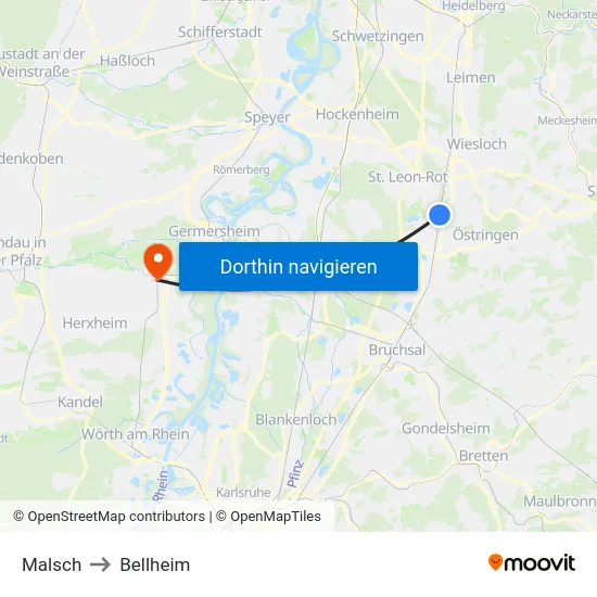 Malsch to Bellheim map
