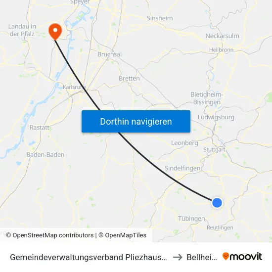 Gemeindeverwaltungsverband Pliezhausen to Bellheim map