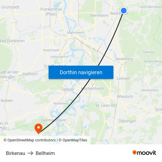 Birkenau to Bellheim map