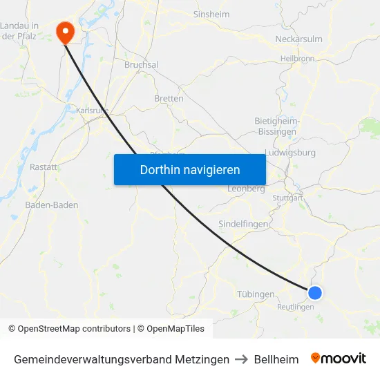 Gemeindeverwaltungsverband Metzingen to Bellheim map
