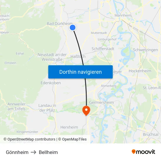 Gönnheim to Bellheim map