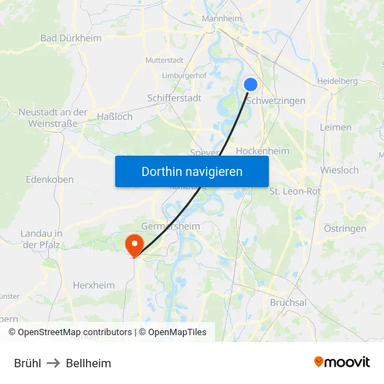 Brühl to Bellheim map