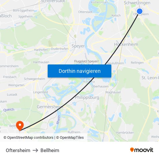 Oftersheim to Bellheim map