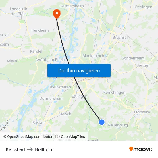 Karlsbad to Bellheim map