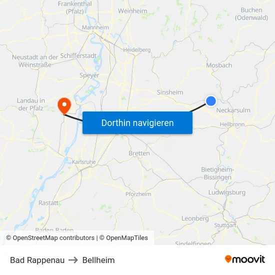 Bad Rappenau to Bellheim map