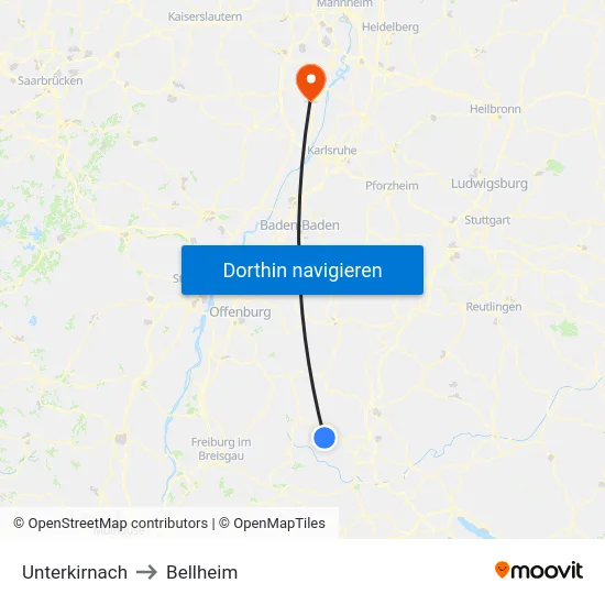 Unterkirnach to Bellheim map