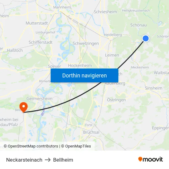 Neckarsteinach to Bellheim map