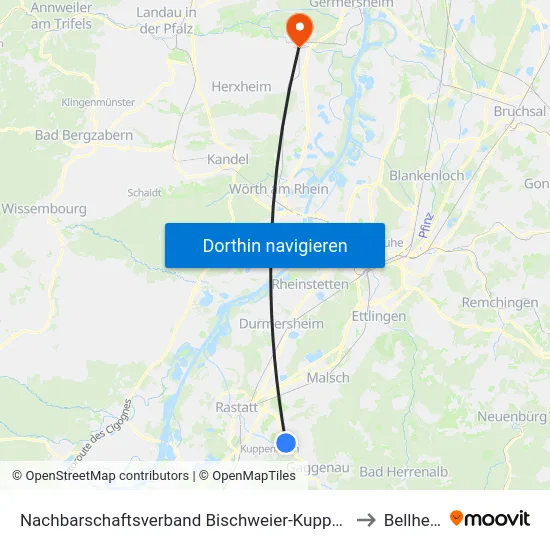 Nachbarschaftsverband Bischweier-Kuppenheim to Bellheim map