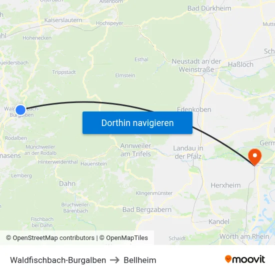 Waldfischbach-Burgalben to Bellheim map