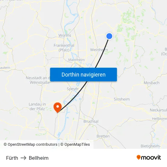 Fürth to Bellheim map