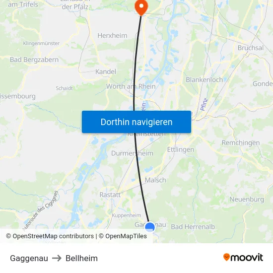 Gaggenau to Bellheim map