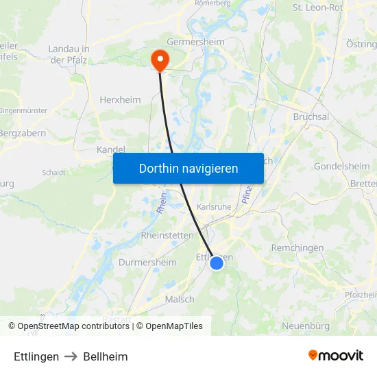Ettlingen to Bellheim map