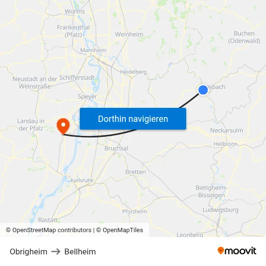 Obrigheim to Bellheim map