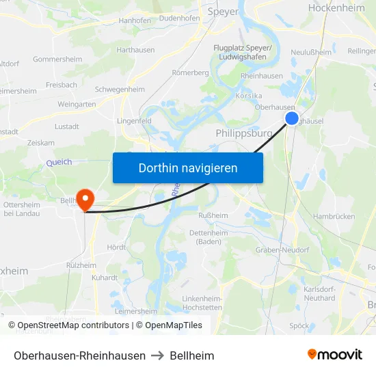 Oberhausen-Rheinhausen to Bellheim map