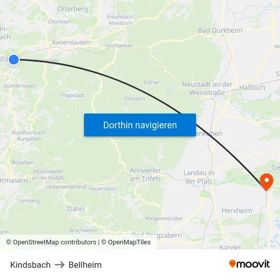 Kindsbach to Bellheim map