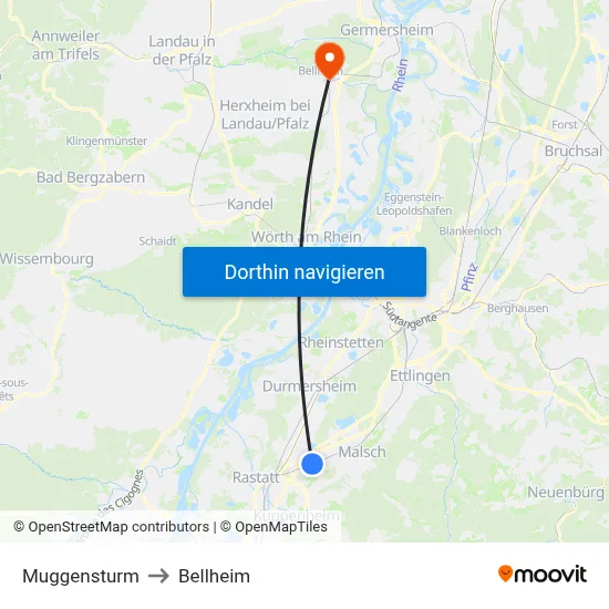Muggensturm to Bellheim map