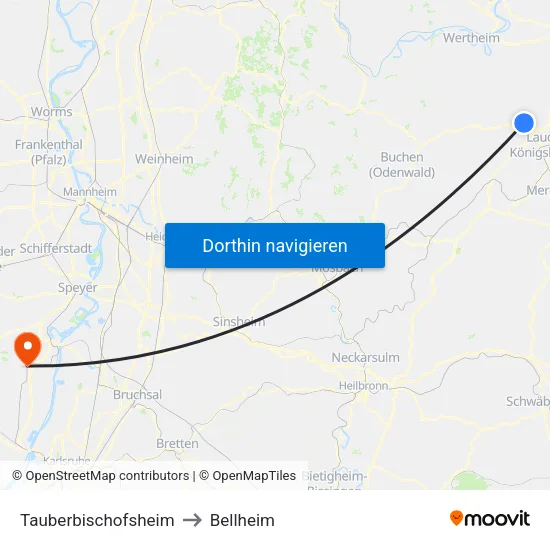 Tauberbischofsheim to Bellheim map