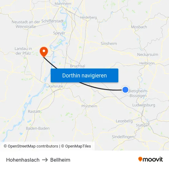 Hohenhaslach to Bellheim map